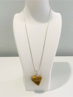 Yellow Tan Picture Jasper Heart Pendant Necklace Wrapped 925 Sterling Silver